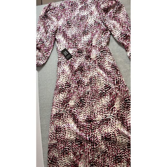 EXPRESS ABSTRACT ANIMAL LEOPARD PRINT‎ PUFF SLEEVE RUCHED HI-LO MIDI DRESS XXS - Picture 10 of 11
